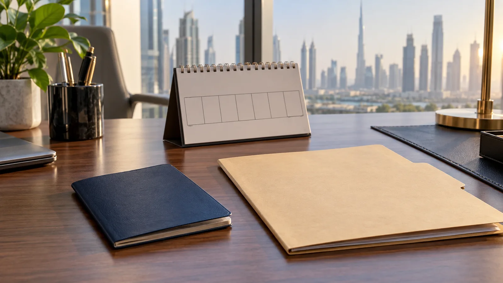 Closed passport, a blank employment file and a desk calendar on an office desk in Dubai