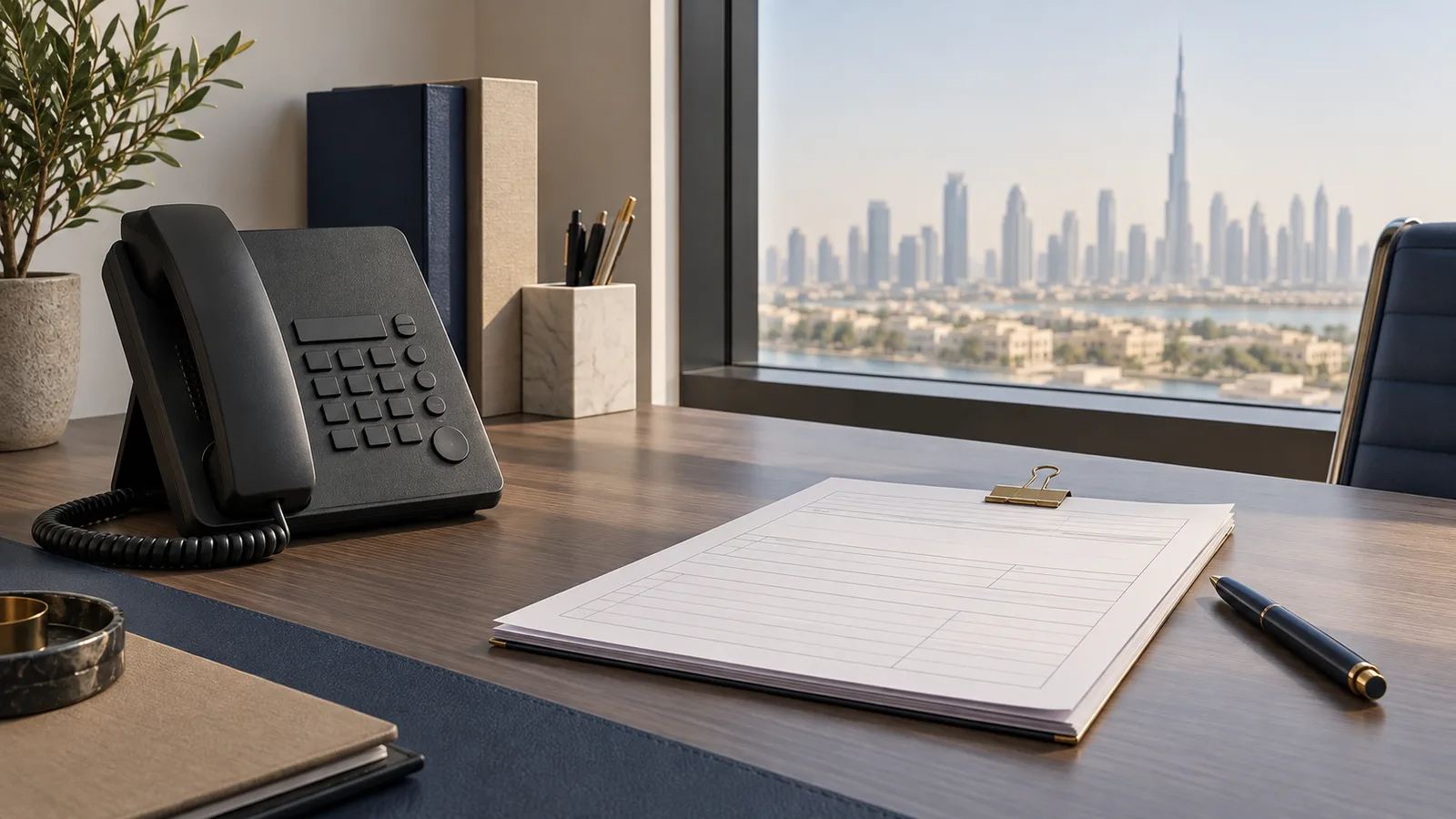Office phone and neatly stacked leave records on a desk beside a window