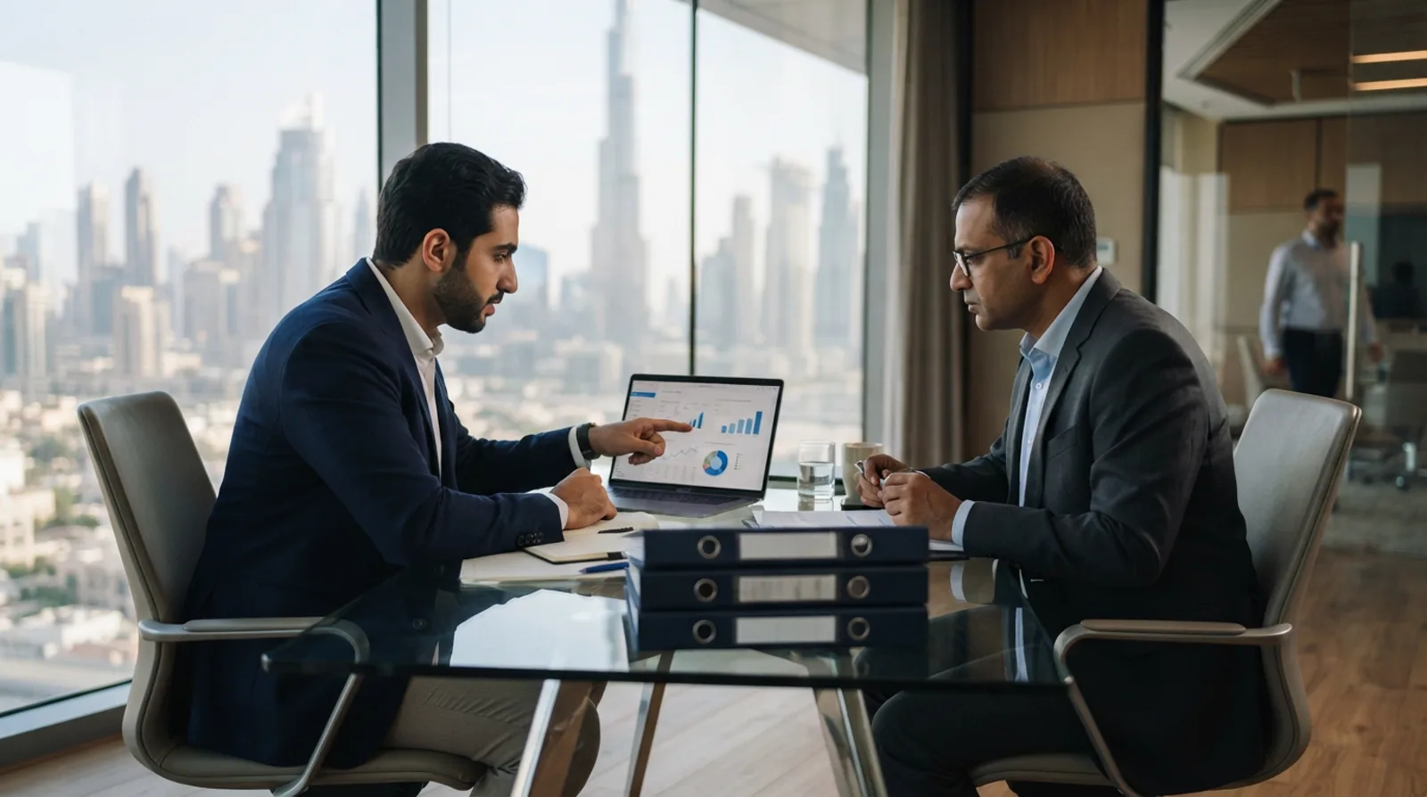 Two colleagues reviewing a stack of company registration folders and a laptop at a glass meeting table in a Dubai office