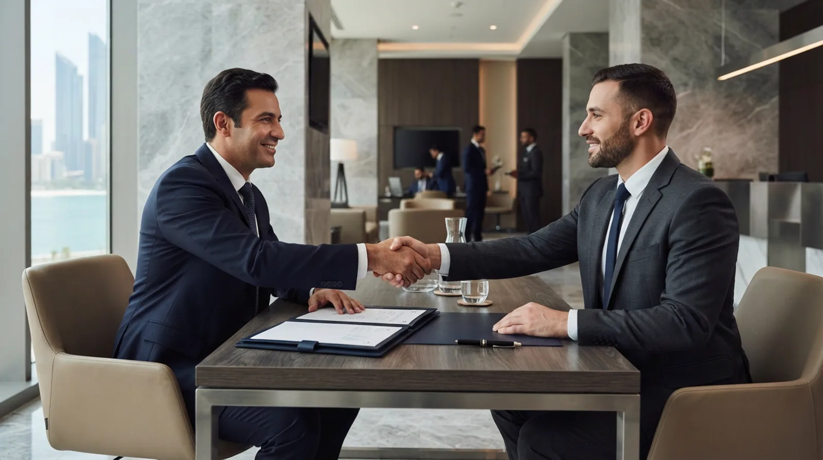 Two businessmen shaking hands across a meeting table in a Dubai bank advisory room, signed folder and pen between them