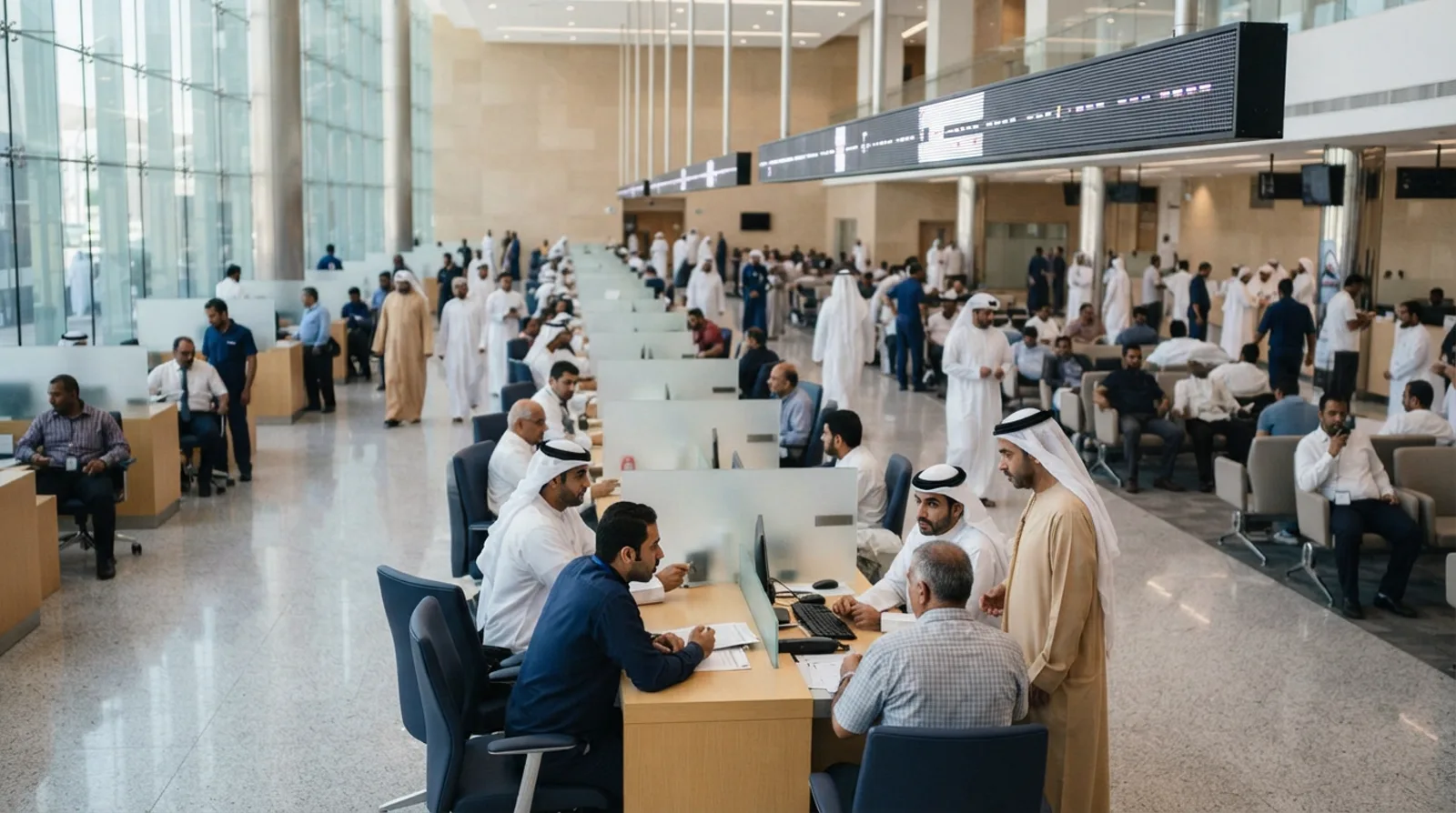 Service counters and waiting area inside a Dubai government transaction centre