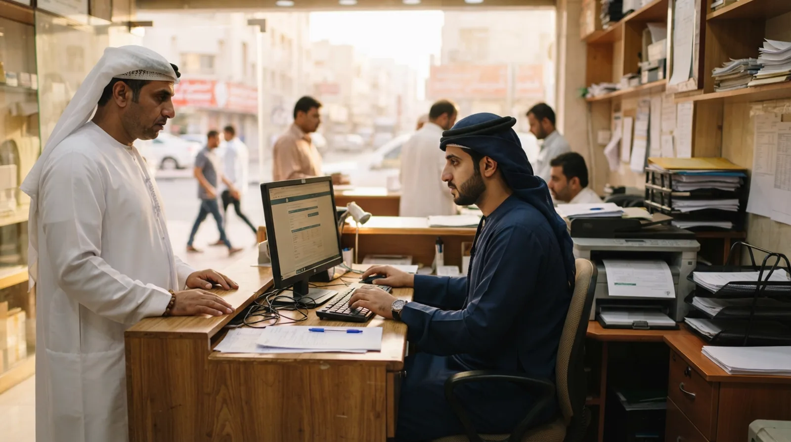 Typing centre clerk at a desk in Dubai completing an application on a desktop computer while a customer waits opposite