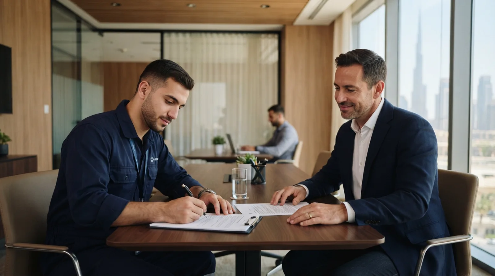 Worker in a company uniform seated across from an HR officer signing an employment document in a Dubai office