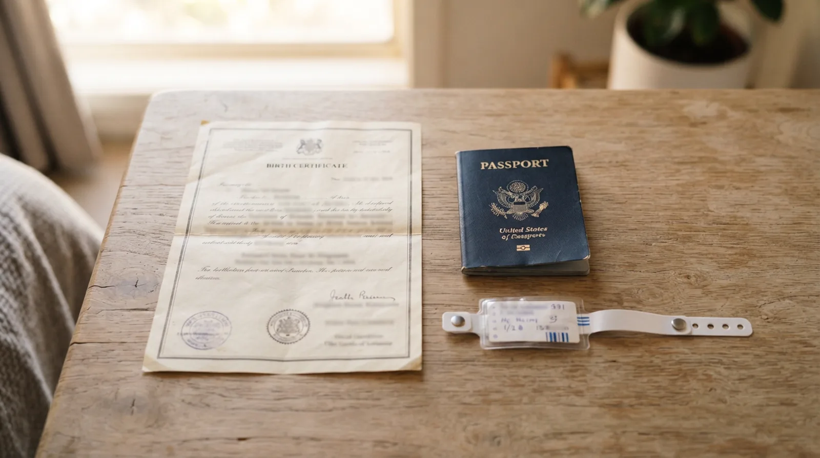 Newborn birth certificate and infant passport file prepared at a Dubai document clearing desk