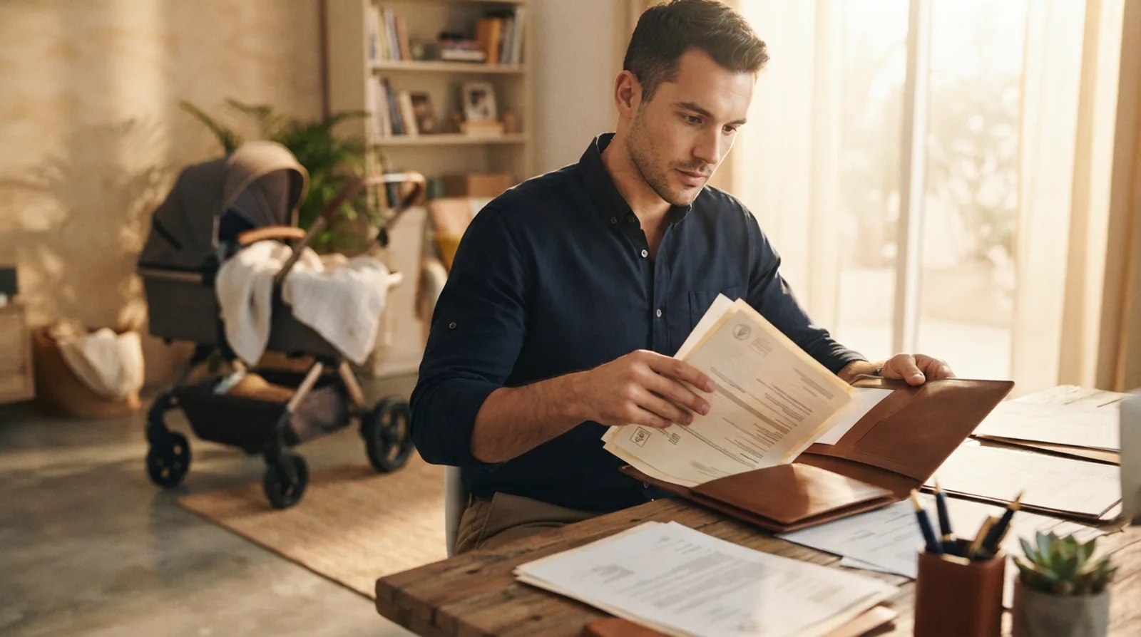 Father in a shirt sorting his newborn documents into a folder at a home desk in Dubai with a pram softly out of focus behind