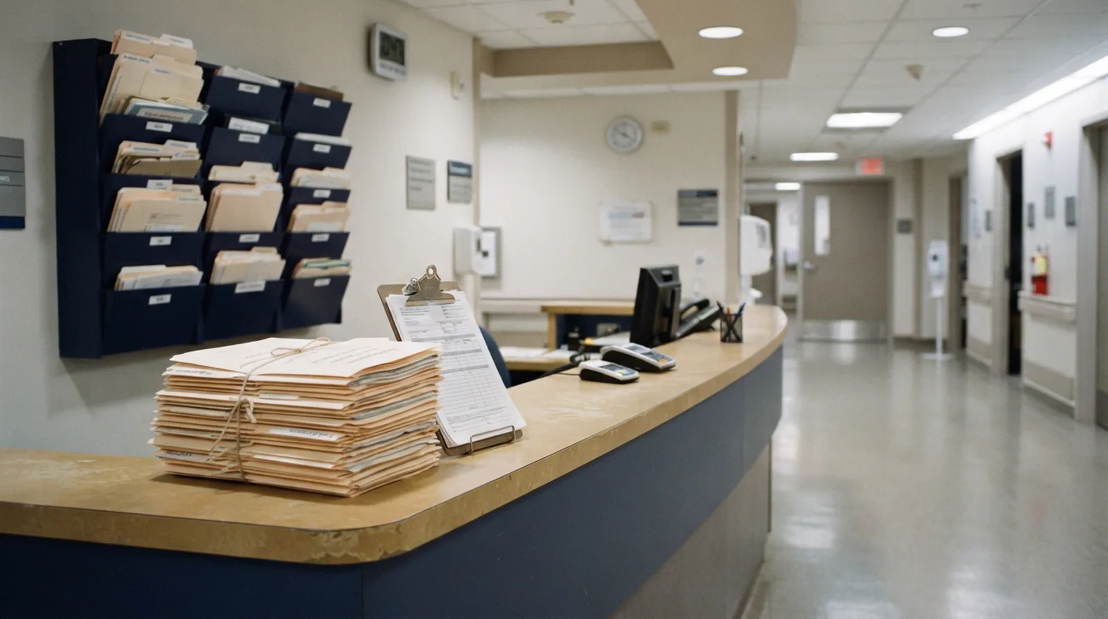 Hospital records counter with a stack of discharge folders, a clipboard and a wall-mounted document rack in a quiet clean corridor