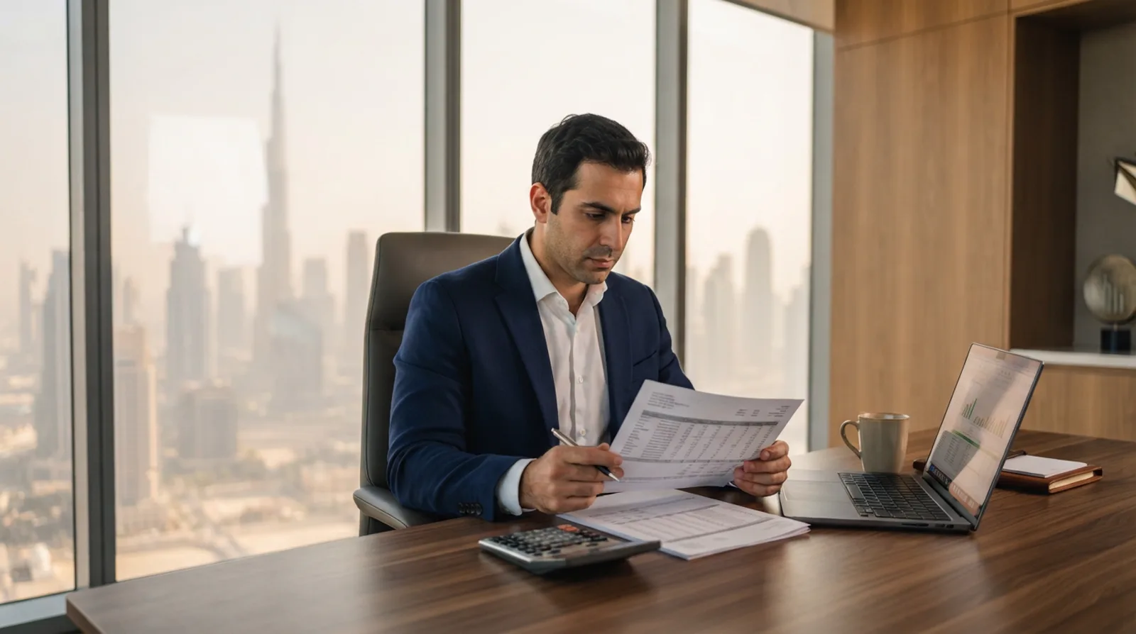 Founder reviewing a line-by-line Dubai company setup cost estimate at an office desk