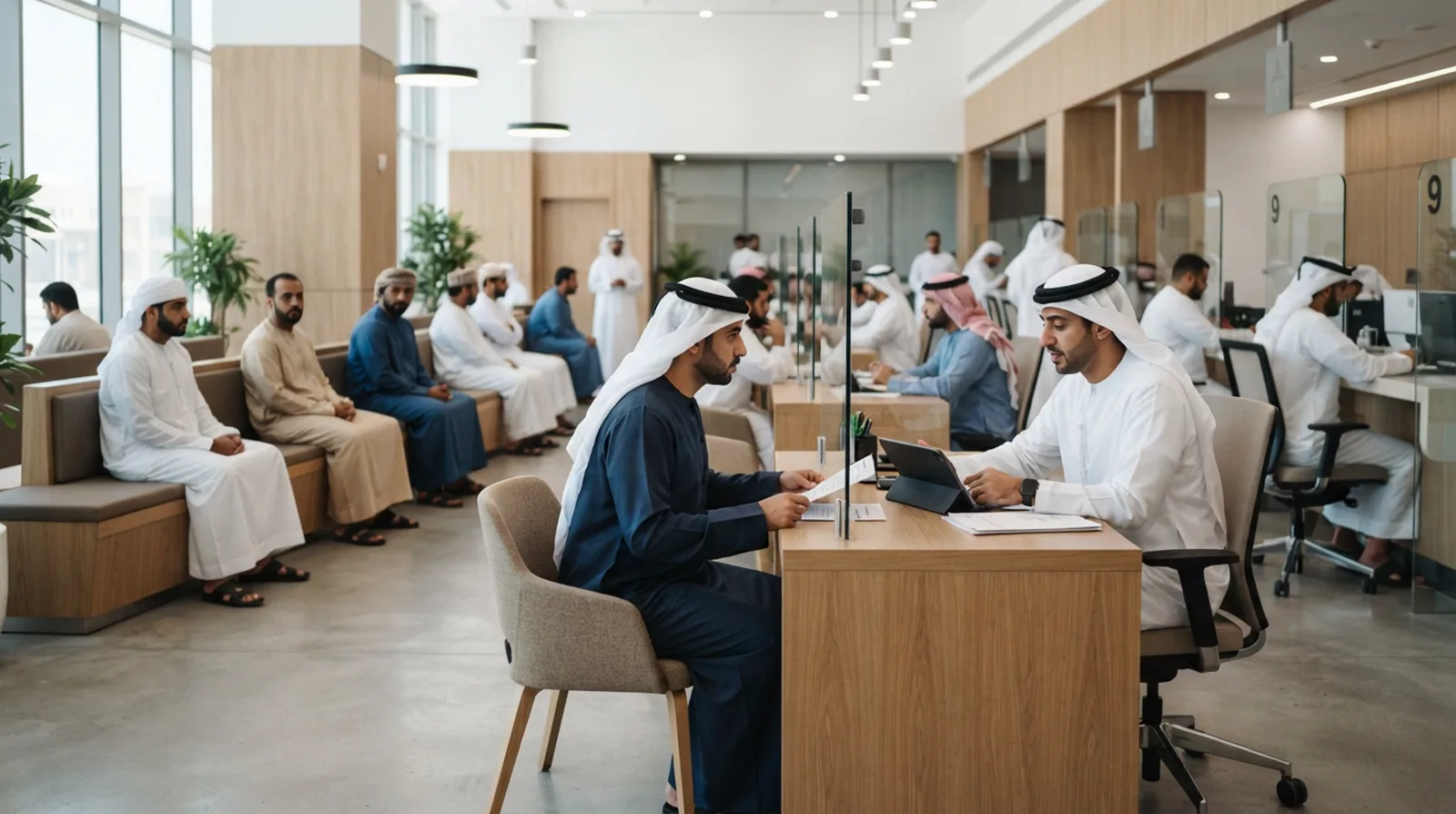 Government business services hall in Dubai with numbered counters and an officer in Emirati dress assisting an applicant