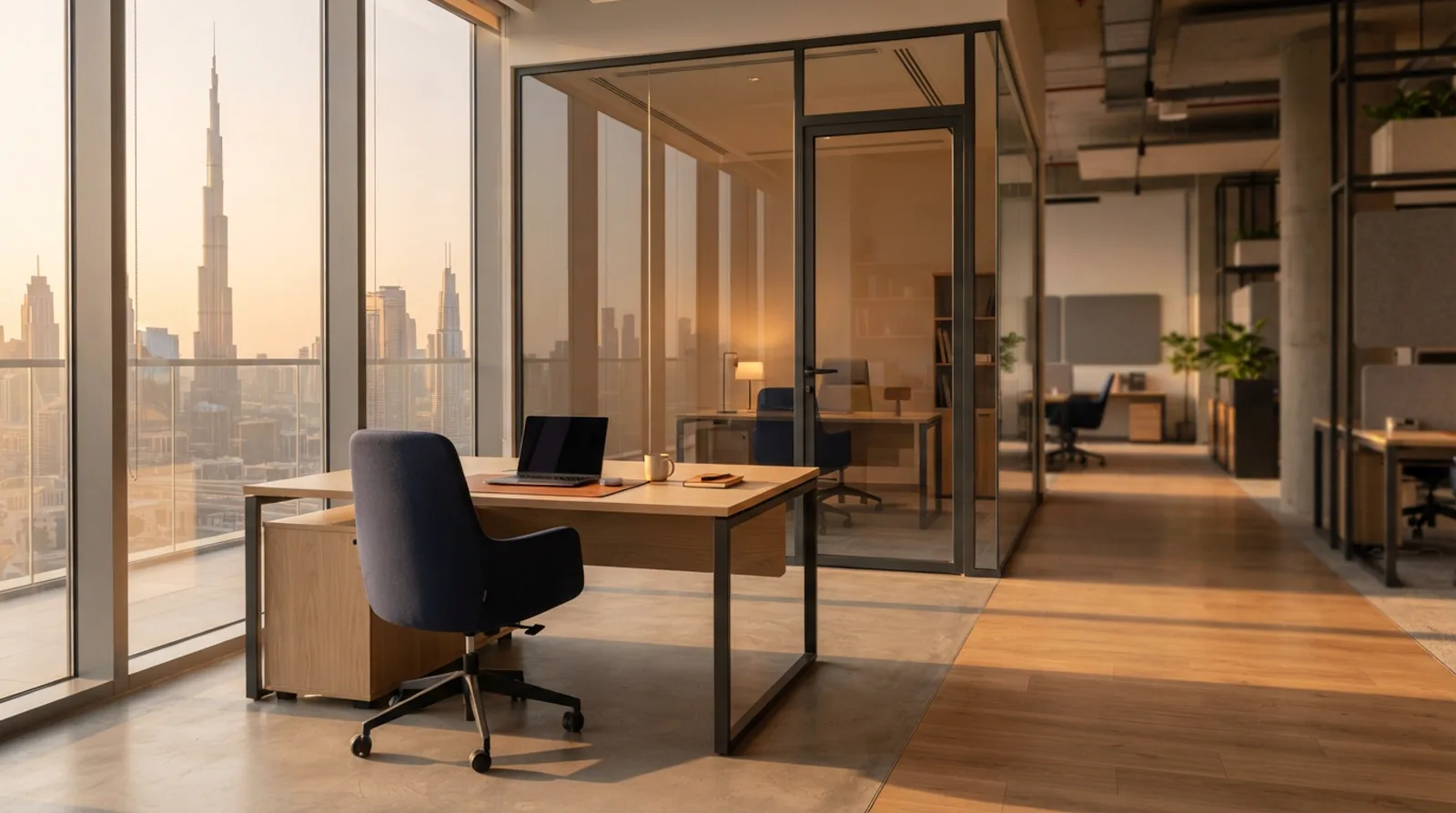 Shared flexi-desk workstation in the foreground of a Dubai business centre with a private glass-walled office behind it