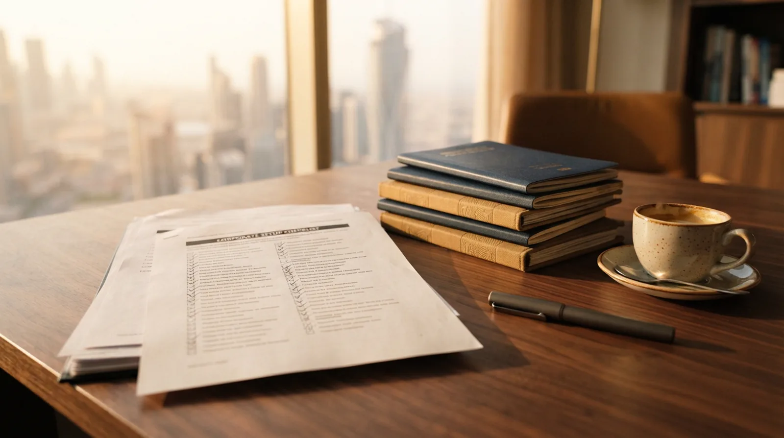 Printed company setup checklist with ticked boxes beside stacked document folders and a pen on a Dubai office desk