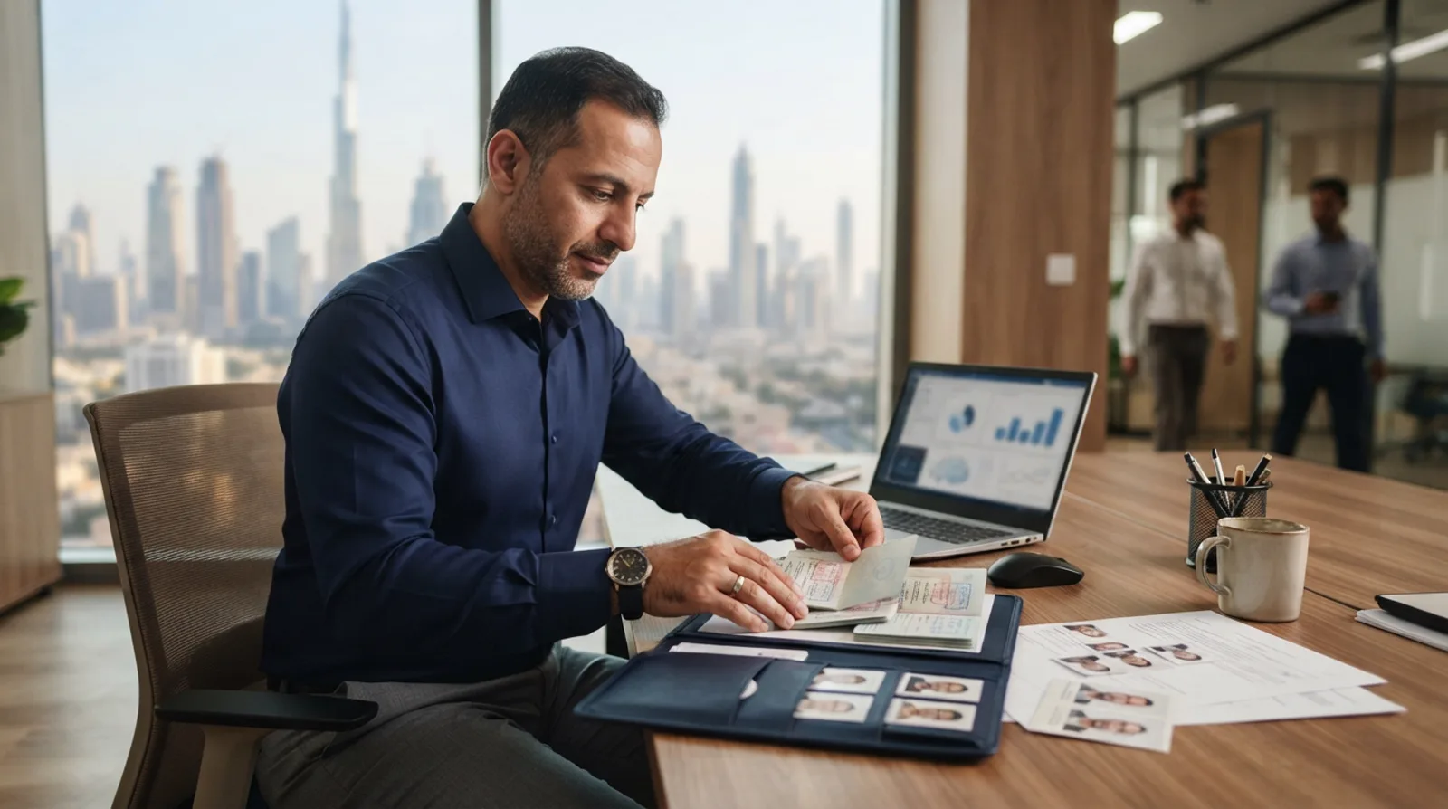 Man at a Dubai office desk arranging passport copies and passport-size photographs into a document folder with a laptop beside him