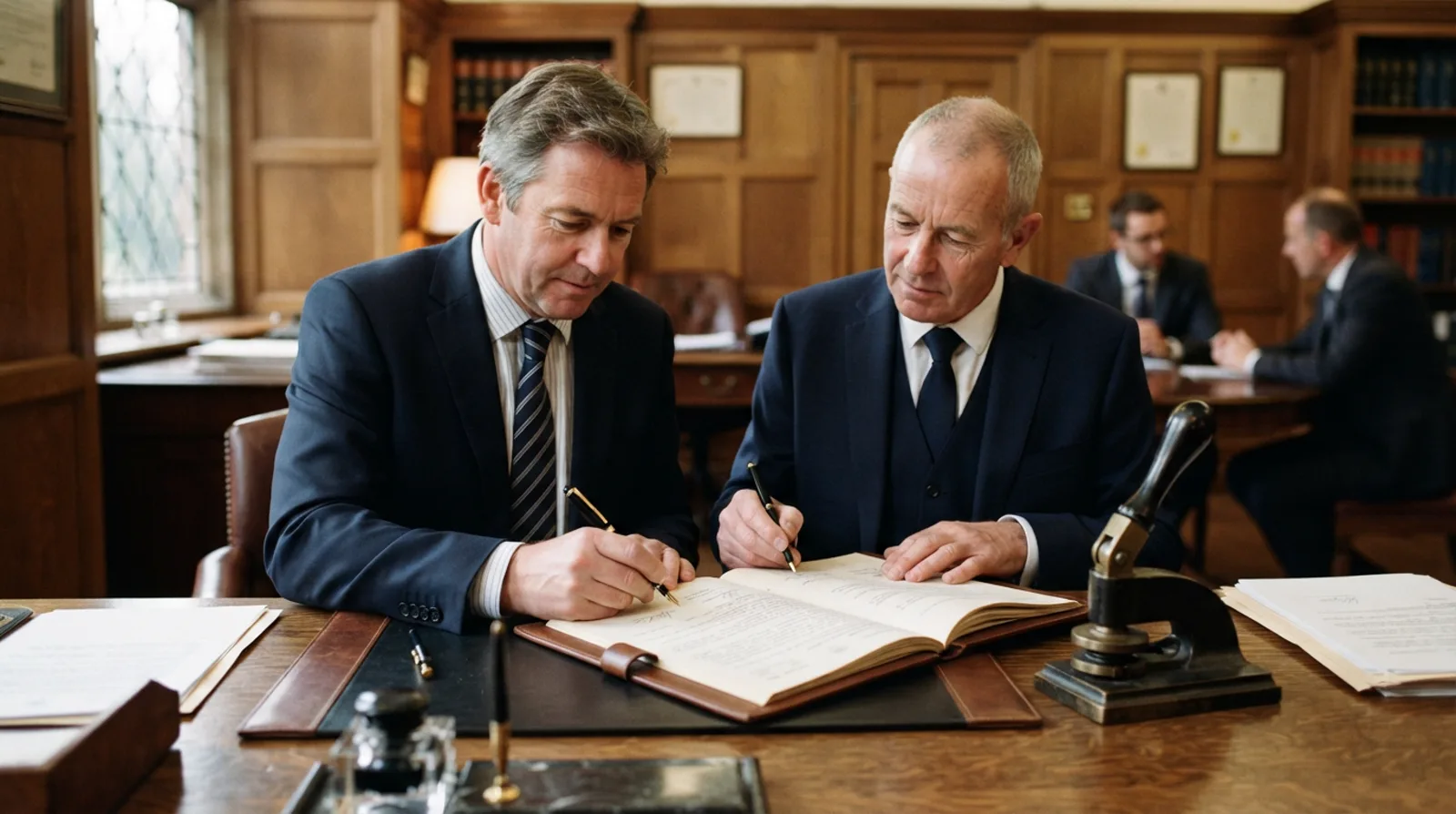 Two men signing a memorandum of association at a notary desk with a bound agreement open between them and an embossing seal press