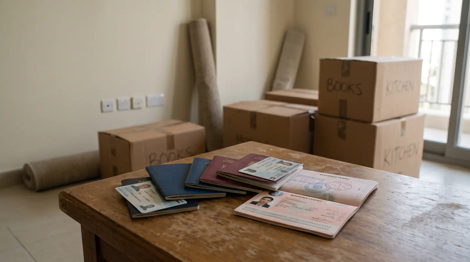 A cancelled UAE residence permit page, Emirates ID cards and packed moving boxes in a Dubai apartment