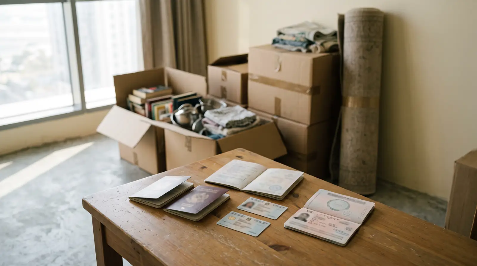 Emirates ID cards, passports and a cancelled residence permit page on a table beside packed moving boxes in a Dubai apartment