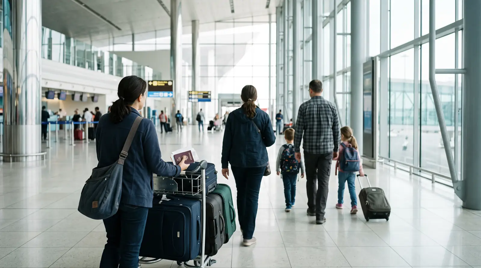 A family at a Dubai airport departure hall with luggage and passports, leaving after completing residence cancellations