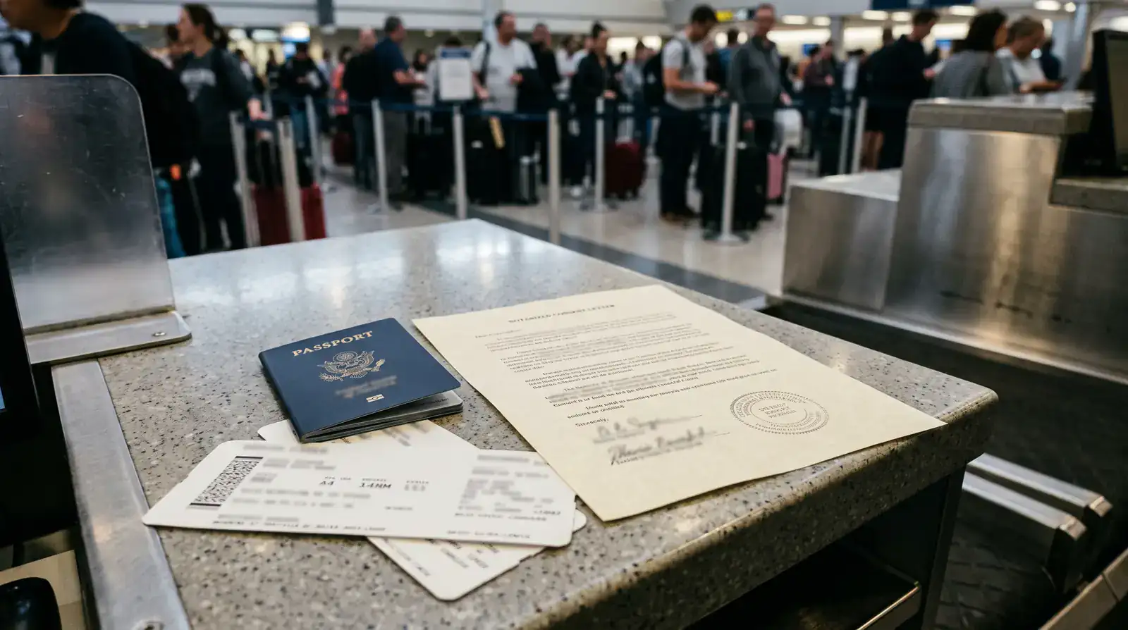 A child passport, boarding passes and a notarised parental consent letter on an airport check-in counter