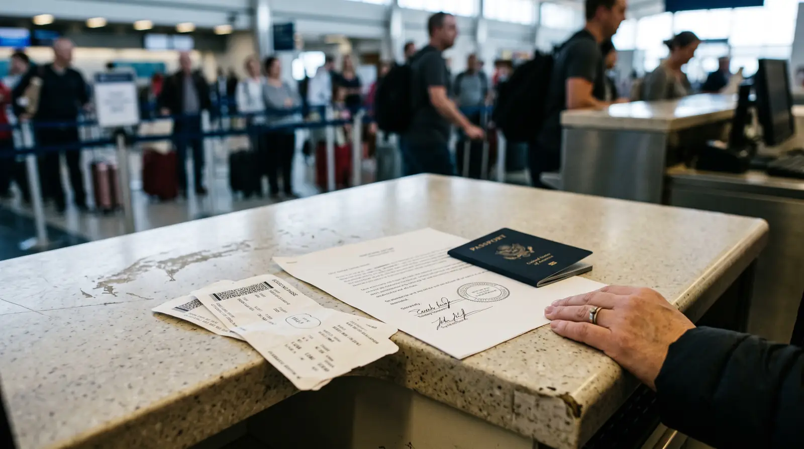 A notarised parental consent letter, a child passport and boarding passes laid out on an airport check-in counter