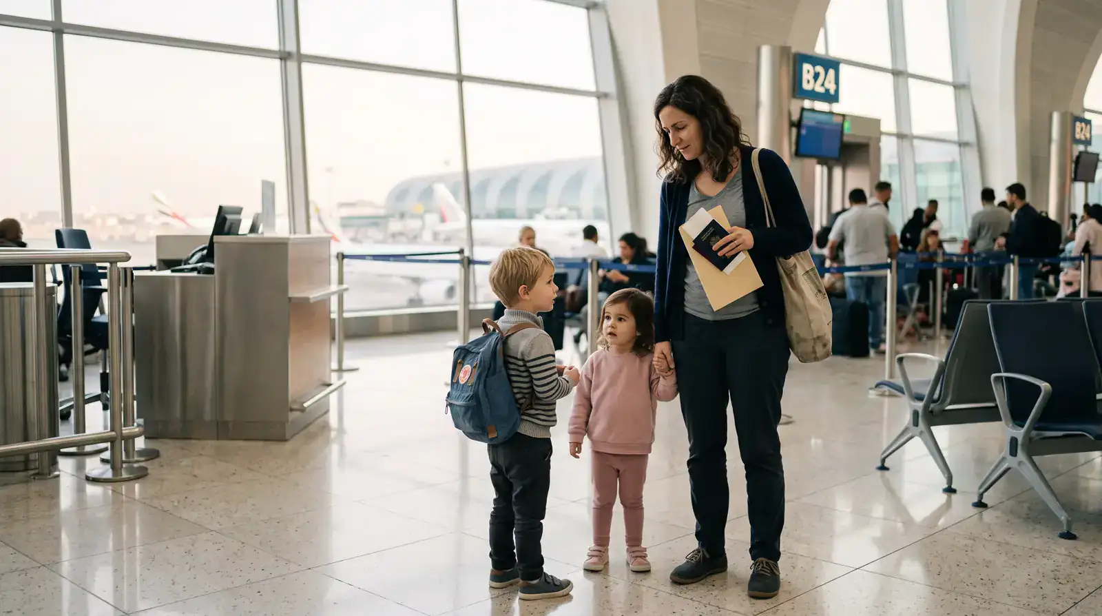 A parent and two children at a Dubai airport departure gate with passports and a document folder