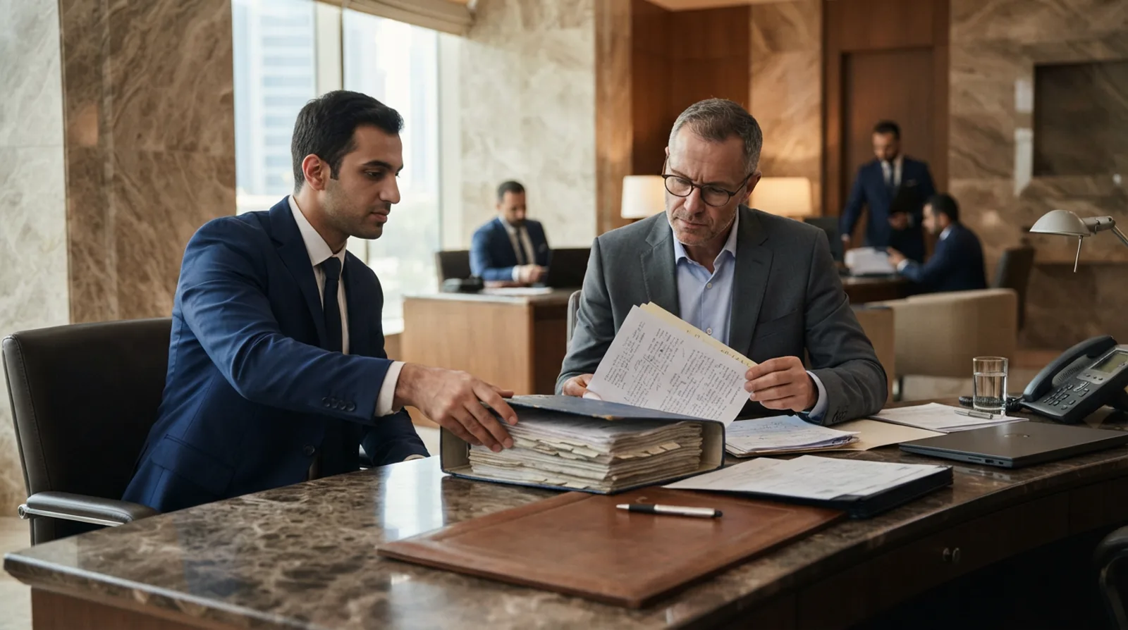 Business owner presenting company documents to a relationship manager at a UAE bank
