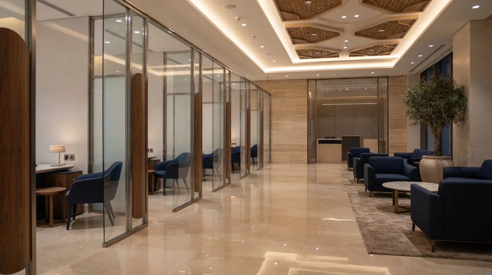 Empty interior of a premium UAE bank branch with polished stone floor, glass advisory booths and low navy seating