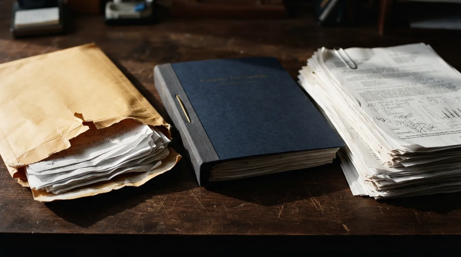 A neatly bound navy document file on a desk between a torn envelope of loose papers and an untidy stack of marked-up sheets
