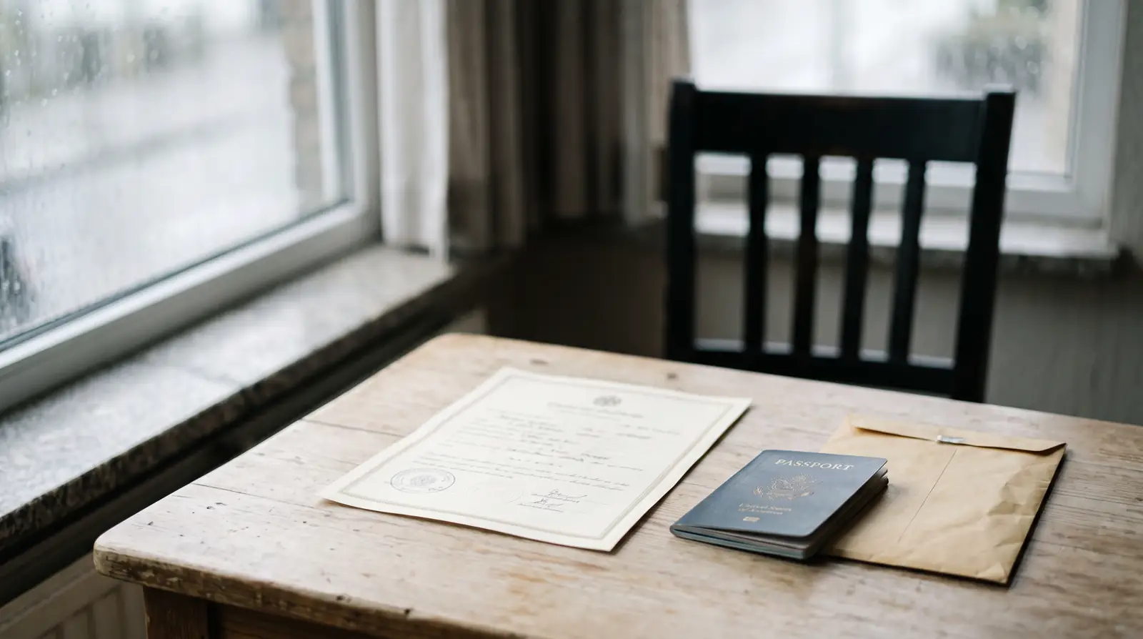 A death certificate awaiting attestation beside a passport and embassy paperwork on a quiet desk