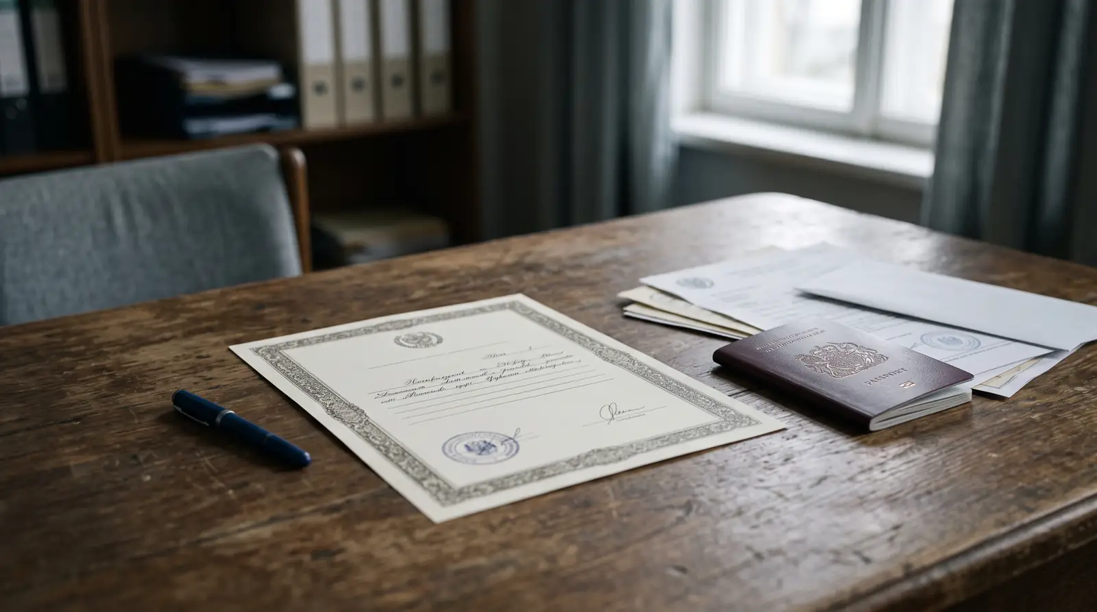A death certificate awaiting attestation beside a passport and embassy paperwork on a quiet desk