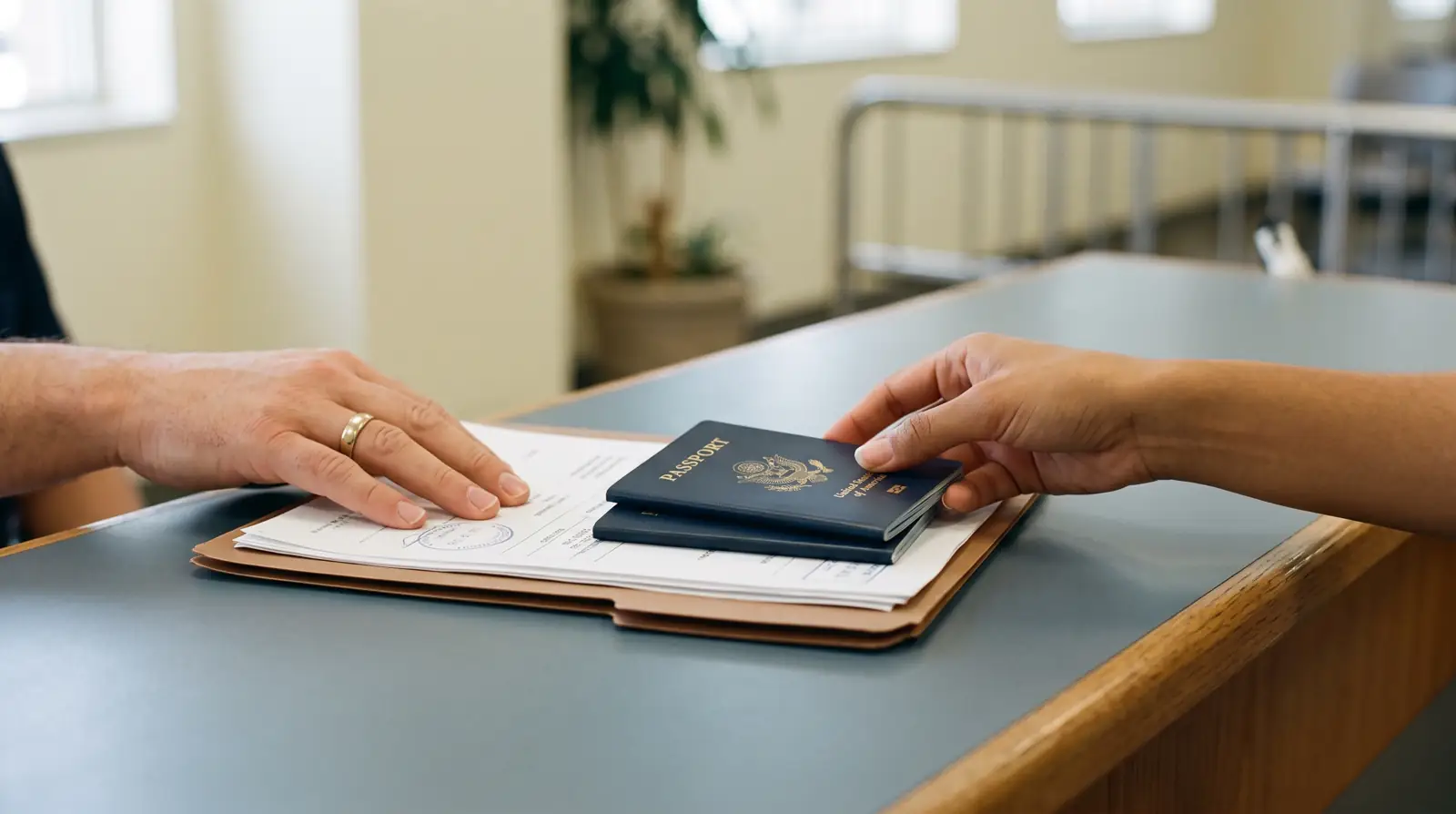 A folder of certified document copies and passports being handed across a quiet Dubai service desk
