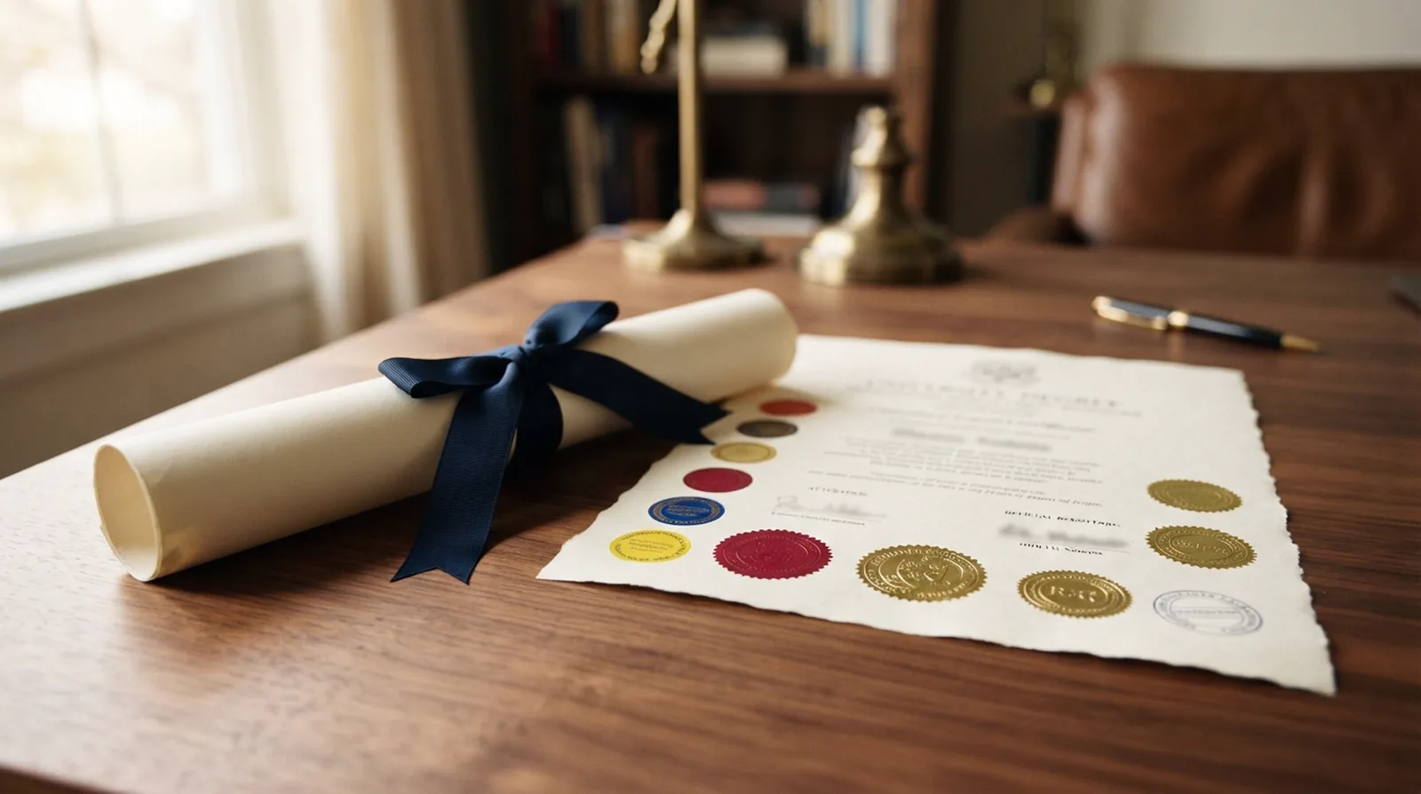 University degree certificate prepared with attestation stickers on a Dubai consultant desk