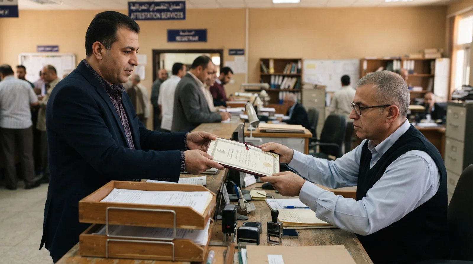 Man handing a university certificate across an attestation counter to a clerk inspecting it, with document trays and a stamp block