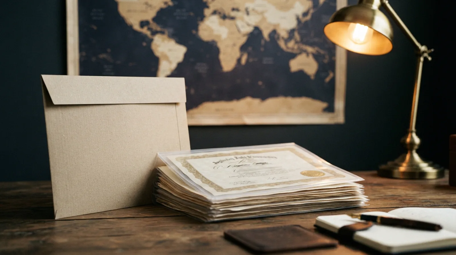 Rigid document mailer envelope propped against a stack of certificates in protective sleeves under a warm desk lamp