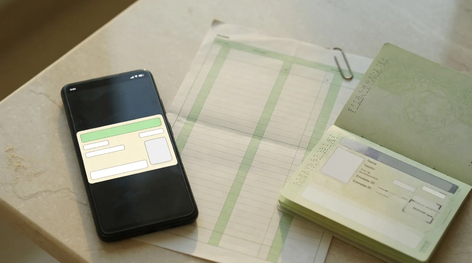 A health insurance card shown on a phone screen beside a printed policy schedule and a passport