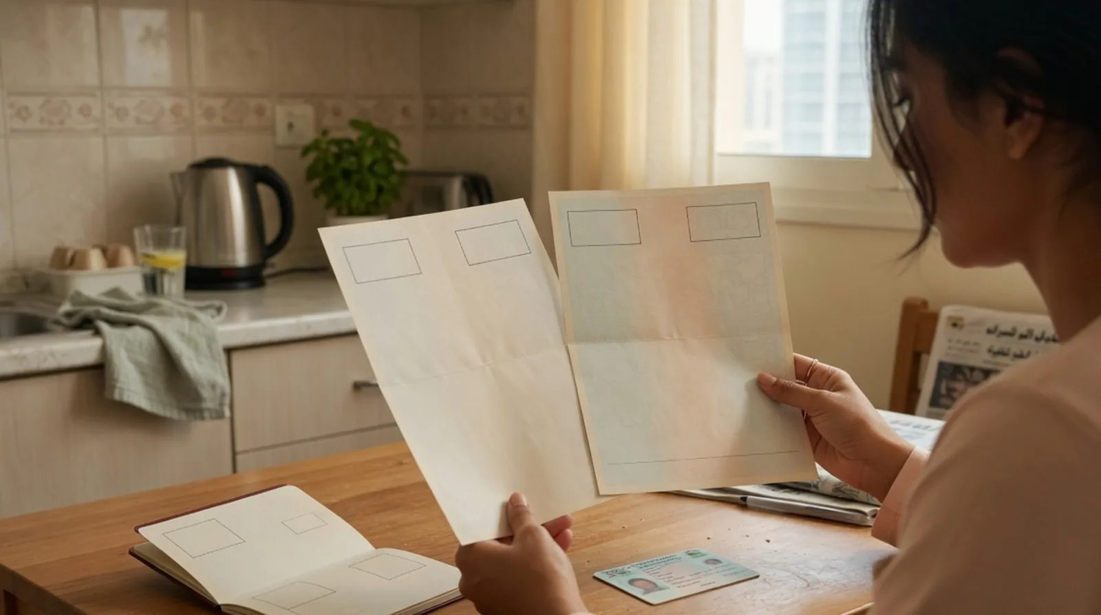 Close-up of a Dubai health insurance e-card on a phone next to a paper policy schedule and an open residence visa page