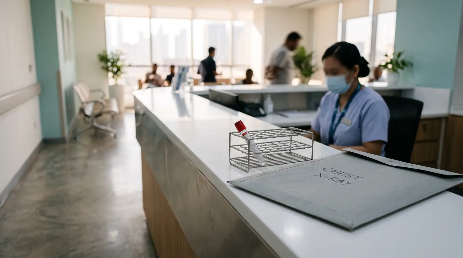 A blood sample tube and chest X-ray envelope at a Dubai medical fitness screening centre