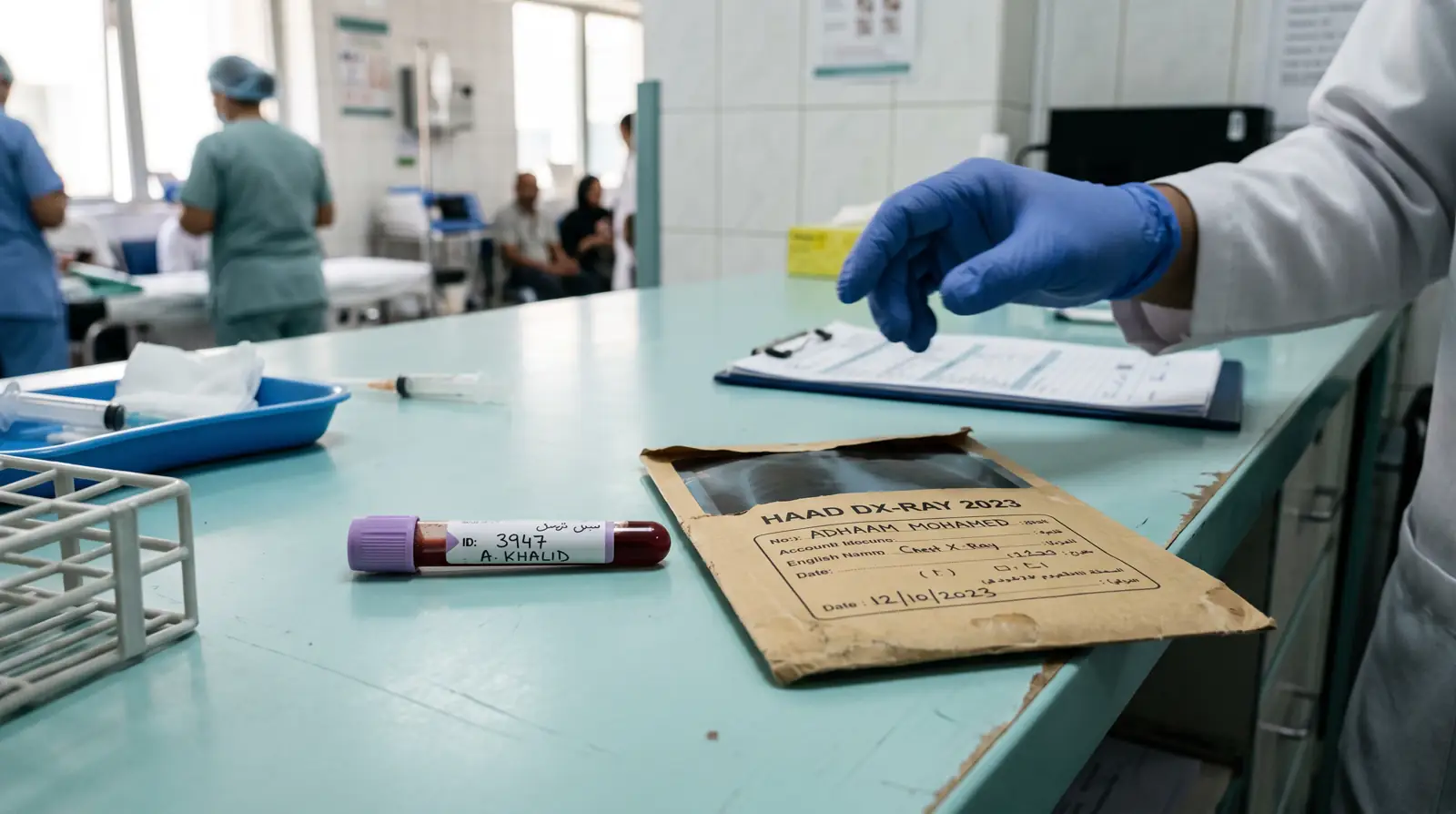 A blood sample tube and a chest X-ray envelope on the counter of a Dubai medical fitness screening centre