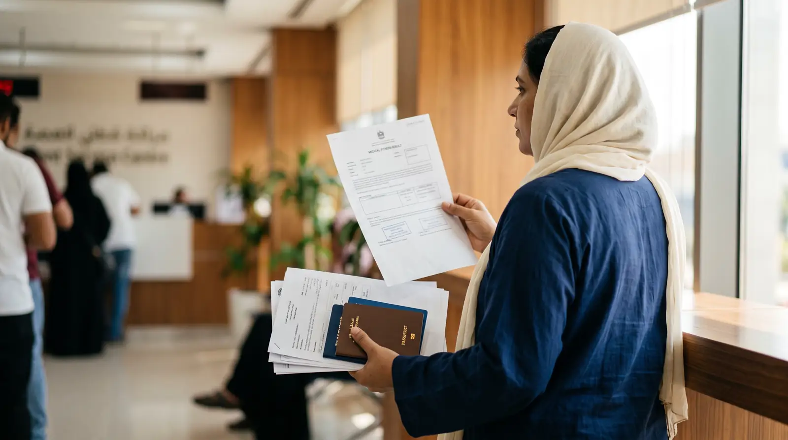 A parent holding a medical fitness result printout beside residence visa paperwork at a Dubai service centre