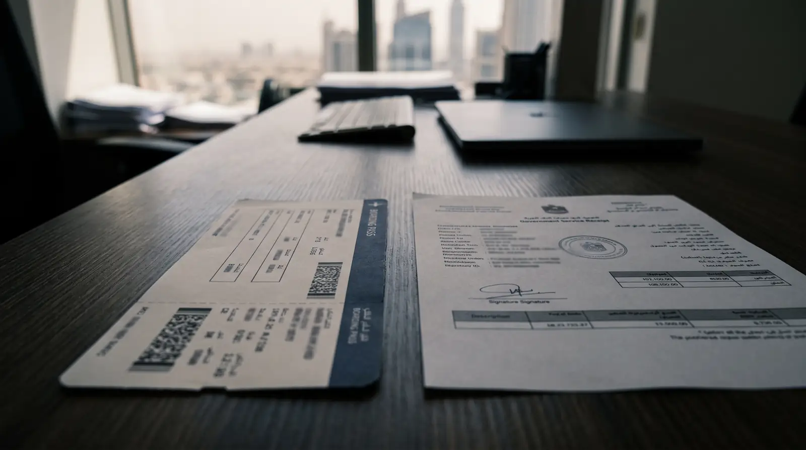 A boarding pass and a GDRFA status change receipt side by side on a Dubai desk