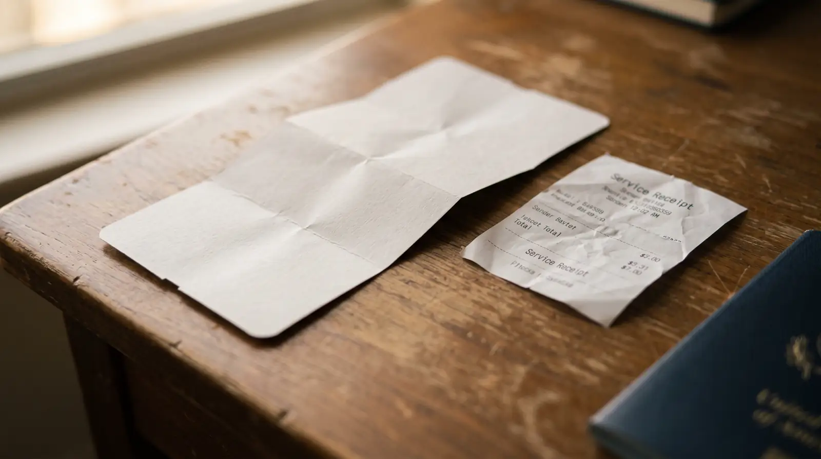 A boarding pass and a GDRFA status amendment receipt lying side by side on a desk in a Dubai office