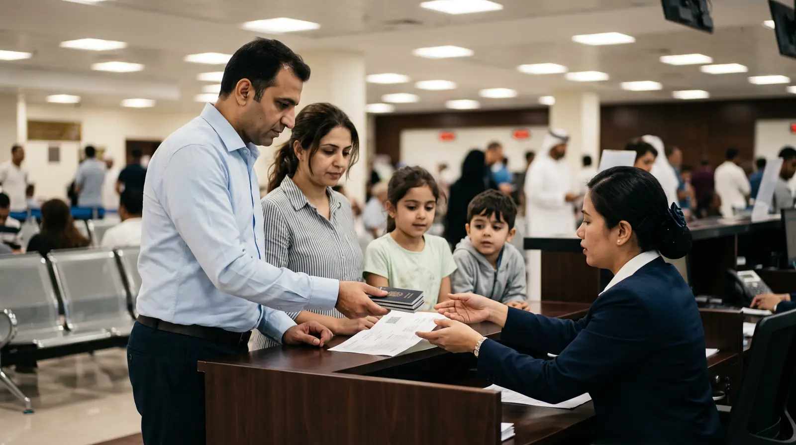 A family at an Amer service centre counter handing over passports and an entry permit printout
