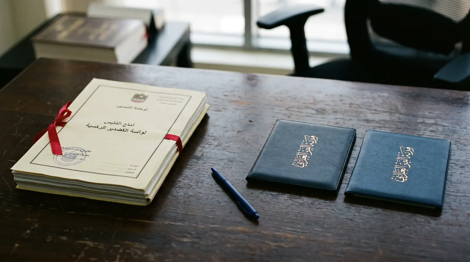 A court custody ruling and two separate residence visa files laid out on a Dubai legal translation desk