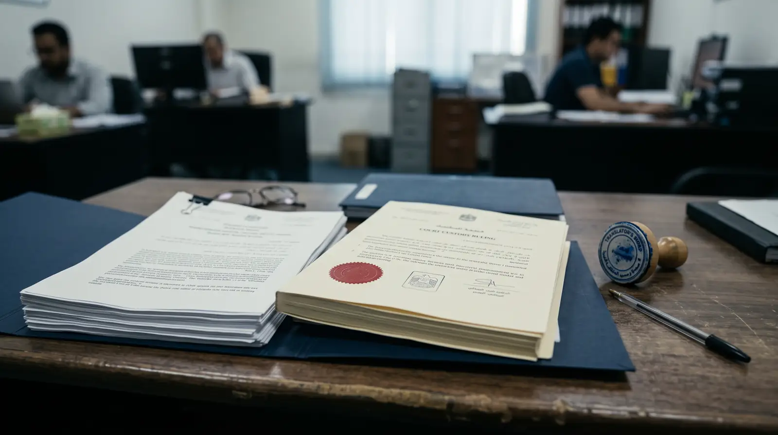 A court custody ruling and two separate residence visa files laid out on a Dubai legal translation desk