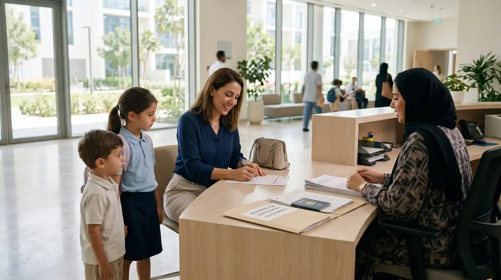 A parent and two children at a Dubai school reception completing enrolment with new residence documents