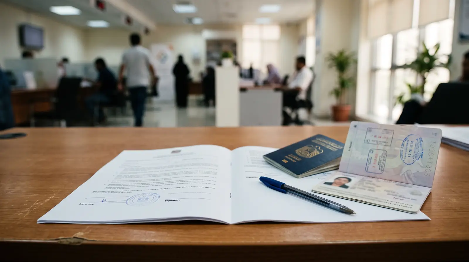 A domestic worker employment contract and passport on a desk at a Dubai Tadbeer service centre