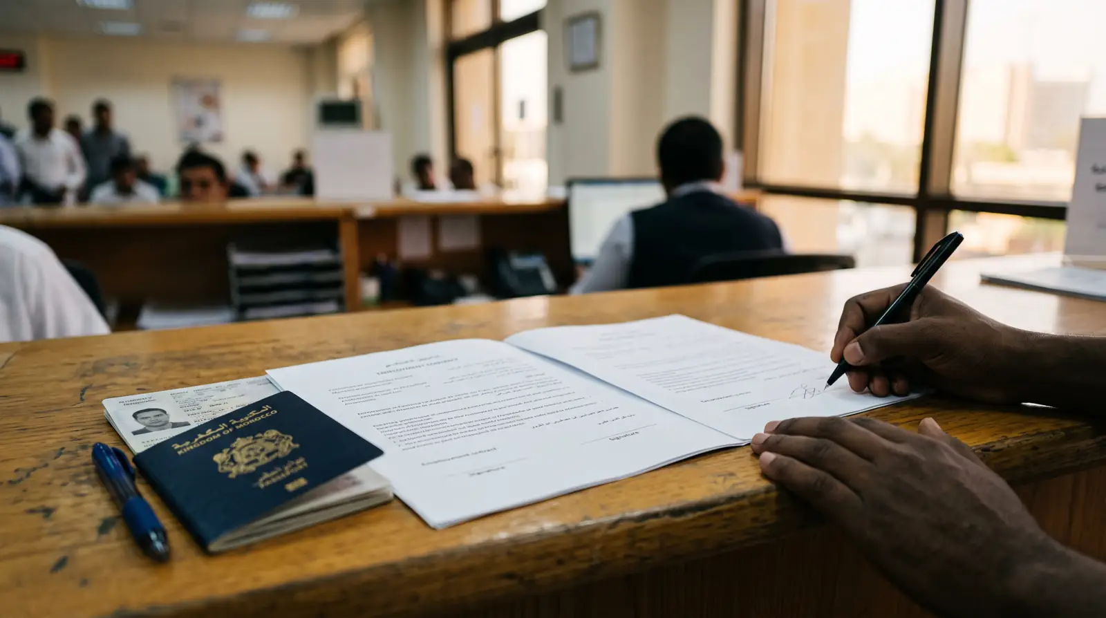 A standard domestic worker employment contract and passport on a desk at a Dubai Tadbeer service centre