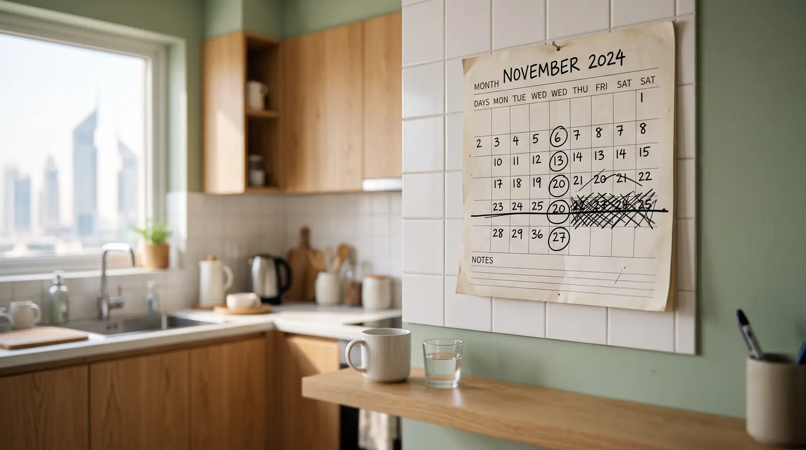 A wall calendar in a Dubai kitchen marked with a weekly rest day and an annual leave block