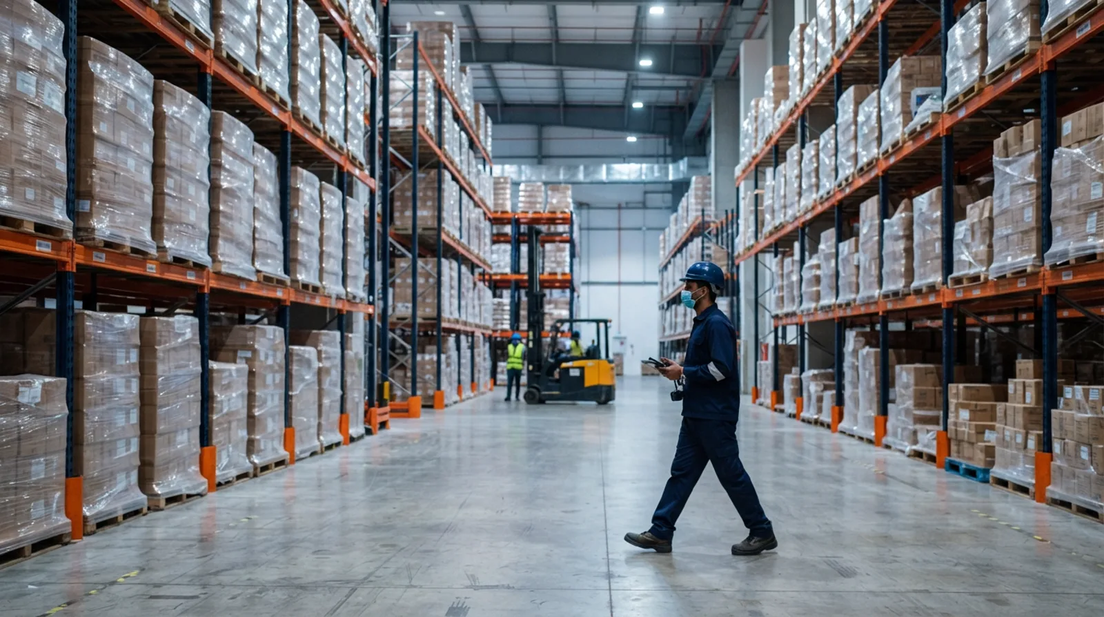 Man walking a wide aisle in a modern Dubai trading warehouse with tall racking of shrink-wrapped pallets on both sides