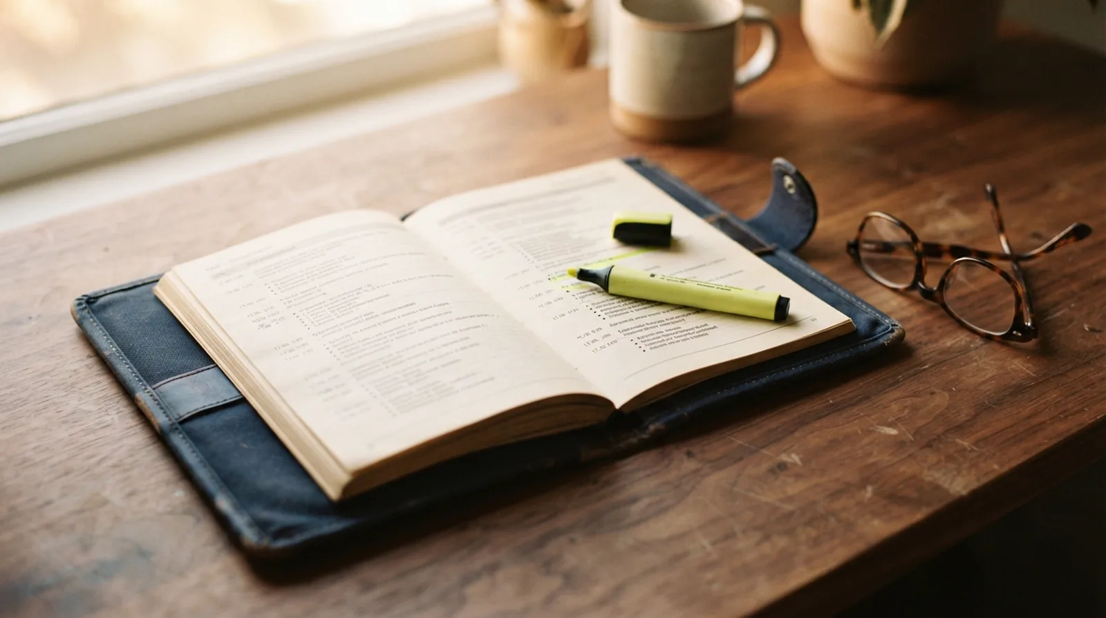 Open printed activity list on a desk by a window, several lines marked with a yellow highlighter, reading glasses alongside