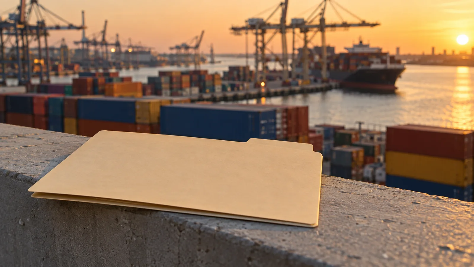 Shipping containers stacked at a port with a document folder in the foreground