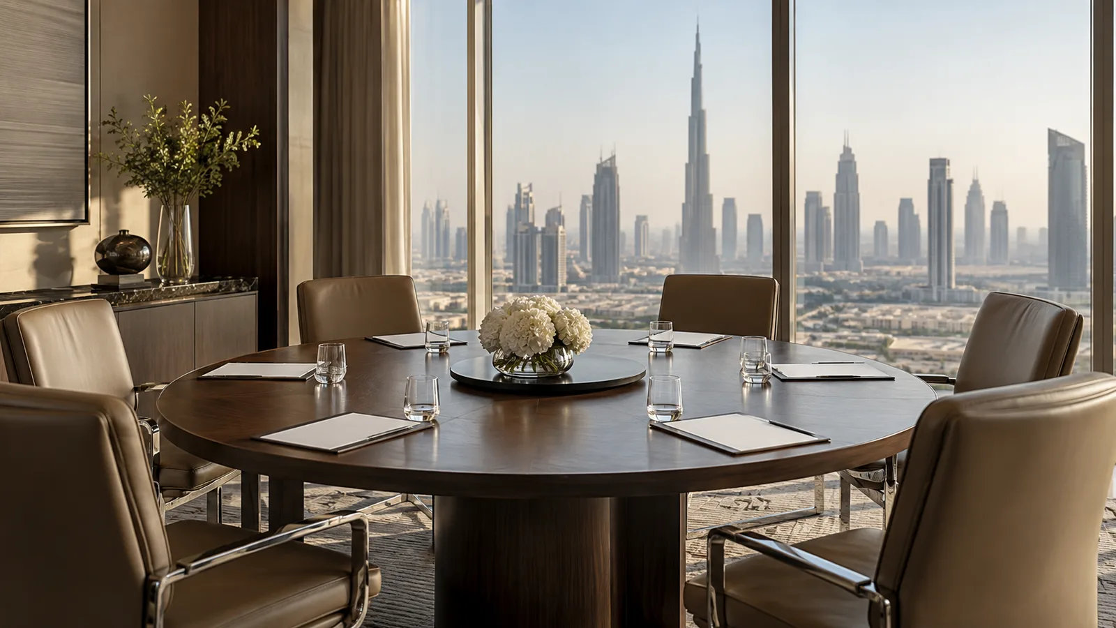 Business meeting room with a round table and chairs ready for a networking briefing