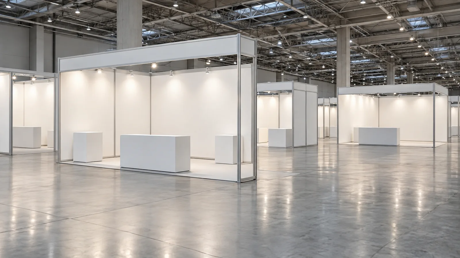 Empty exhibition hall with booth frames and display stands being set up